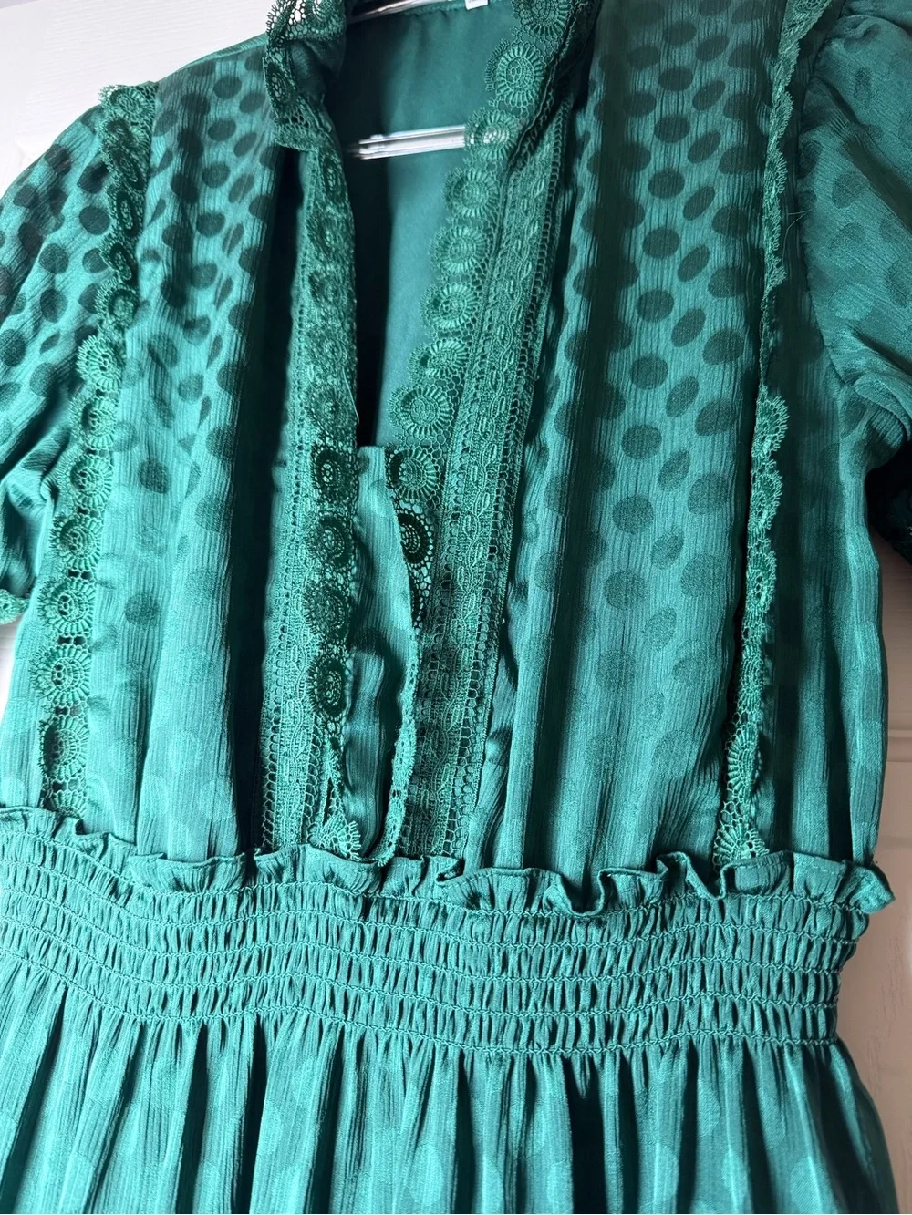 Max Studio Emerald Sheer Lace Satin Polka Dot Tiered Maxi Dress Forest Goddess - Picture 9 of 16